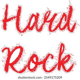 Hardrock-Text-Logo auf rotem Hintergrund, einzeln auf weißem Hintergrund. Druck für Kleidung. Gotik