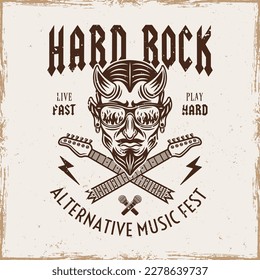 Hard rock vector emblem with devil in sunglasses that reflect flame and crossed broken guitar necks. Illustration in vintage style on grunge texture background