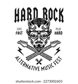 Hard rock vector emblem, label, badge or logo with devil in sunglasses that reflect flame and crossed broken guitar necks. Monochrome illustration in vintage style isolated on white background