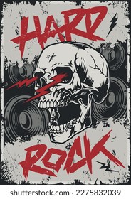 Hart-Rock-Vintage-Monochrom-Poster mit Schädel und Dynamik, um laute Musik für Rock- und Roll-Festival-Vektorgrafik zu spielen