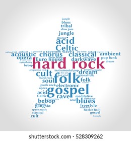 Hard rock. Word cloud, five-pointed star, gradient grey background. Music concept.	
