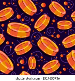 Hard round candies falling and melting. Seamless pattern of Halloween, trick or treat orange and yellow lollipops on a purple background. Sugar delicious snack for october and autumn season.