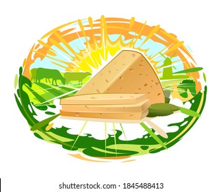 Hard, rustic cheese with holes. Isolated vector object with a spray of milk against a hilly landscape, cows and a mill at sunrise, backdrop on white background.. Elliptical, Oval label.	