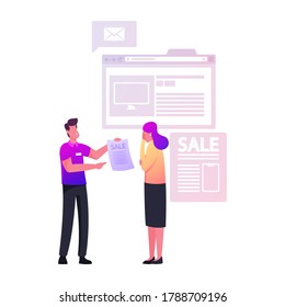 Hard Sell, Consumerism. Intrusive Man Promoter Character Giving Invitation Flyers for Visiting New Store for Shop Opening, Salesman Inviting People Visit Boutique. Cartoon People Vector Illustration
