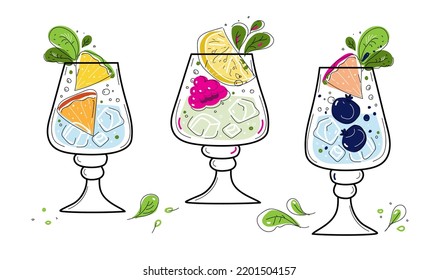 Hard seltzer cocktail with orange, berries and mint in glasses. vector doodle sketch set illustration.