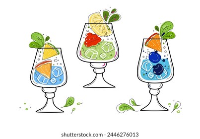 Hard seltzer cocktail with orange, berries and mint in glasses. vector doodle sketch set illustration.