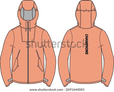 Hard shell Hoodie jacket design flat sketch Illustration, Hooded windbreaker jacket with front and back view, winter jacket for Men and women. for hiker, outerwear in winter