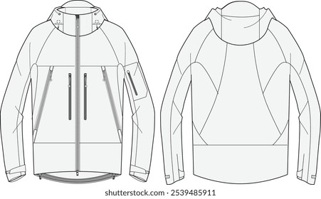 Casca dura impermeável jaqueta de chuva técnica CAD moda ilustração visão frontal e traseira Modelo para Outerwear Design e Sportswear Tech Packs para esqui e Snowboard Apparel