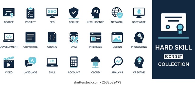 Hard skill icon set collection. Degree, project, secure, intelligence, network, software, development, copywrite, coding, data. And solid icon set.