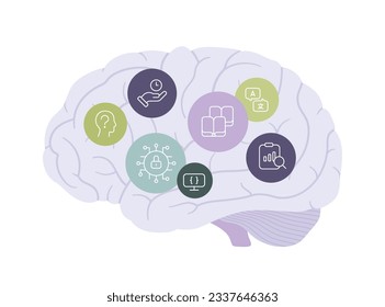 Hard skills and education concept. Vector flat design illustration. Human brain profile with technical, business, management, economical, language skill symbol isolated on white background.