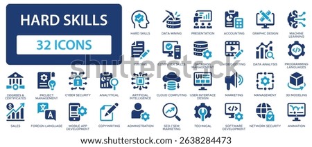 Hard skills flat icons collection. Computer skill, data mining, sales, degrees certificates, analytical, graphic design, programming languages, foreign language sign set.