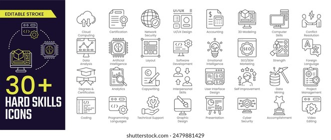 Colecciones de iconos de habilidades duras. Conteniendo certificados de grado, idioma extranjero, software, habilidades informáticas y más. Icono de trazo Icono de contorno de colección