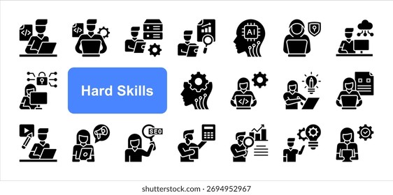 Habilidades rígidas ícone definido com Codificação, Desenvolvimento de software, Análise de dados, Inteligência artificial, Segurança cibernética, Gestão de projetos, Escrita técnica simples vetor plano.