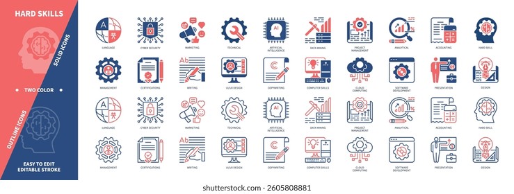 Hard Skills icon set. Data Mining, Technical, Artificial Intelligence, Cyber Security, Copywriting, Design, Project Management. Duotone color solid and editable outline icons