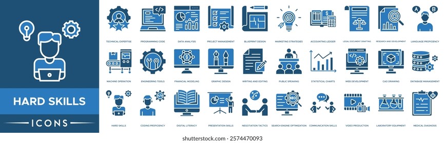 Hard Skills icon. Technical Expertise, Programming Code, Data Analysis, Project Management and Blueprint Design