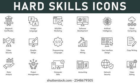 Hard skills Icons vector illustration with thin line editable stroke contains degree and certificates seo foreign language software development network security accounting computer skills data