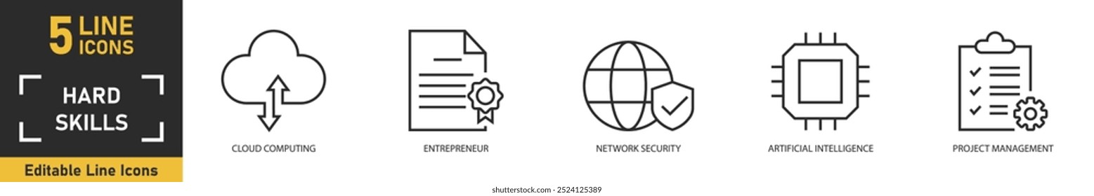 Conjunto de ícones da linha Habilidades Físicas. Conjunto de 5 ícones principais relacionados à computação em nuvem, empreendedor, segurança de rede, inteligência artificial, gerenciamento de projetos e muito mais. Ilustração vetorial.