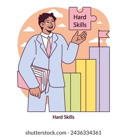 Hard Skills showcase. Confident professional presents technical abilities as key career assets. Skill proficiency charted for success. Vector illustration.