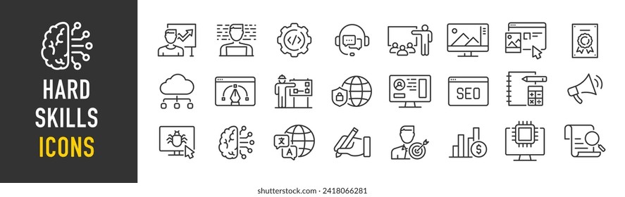 Hard skills web icons in line style. Accounting, coaching, data mining, cloud computing, copywriting, career progress, software, cyber security, artificial intelligence. Vector illustration.