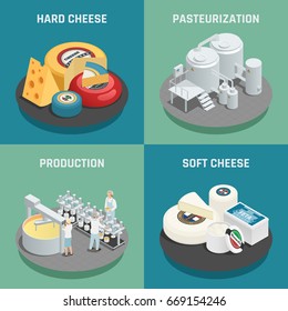 Hard And Soft Cheese Production Concept 4 Isometric Icons Set Square With Pasteurization Process  Isolated Vector Illustration 