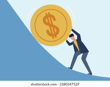 Hard start in business, businessman pushes big dollar coin up. Growth income, company savings, investment strategy. Hard way. Cartoon flat illustration. Vector financial success concept