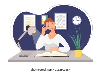 Hard study abstract concept. Tired girl with headache sitting at her workplace, reading book, preparing for exams or doing homework at night. Overloaded teen. Cartoon flat vector illustration