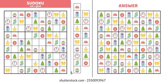 Hard sudoku with Christmas elements. Game puzzle for kids. Cut and glue. Cartoon, isolated, vector, eps 10