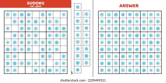 Hard sudoku for kids with nine snowflakes. Sudoku for kids. Cut and glue. Cartoon, flat, vector, eps 10