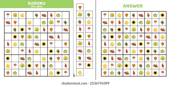 Hard sudoku with nine autumn gifts of nature. Game puzzle for little kids. Cut and glue. Cartoon, isolated, vector, eps 10

