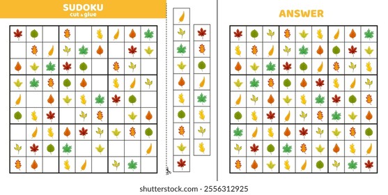 Hard sudoku with nine autumn leaves. Game puzzle for little kids. Cut and glue. Cartoon, isolated, vector, eps 10
