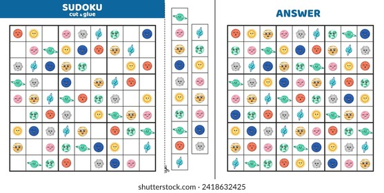 Hard sudoku with nine planets. Game puzzle for little kids. Cut and glue. Cartoon, isolated, vector, eps 10