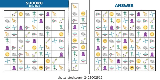 Hard sudoku with nine space elements. Game puzzle for little kids. Cut and glue. Cartoon, isolated, vector, eps 10