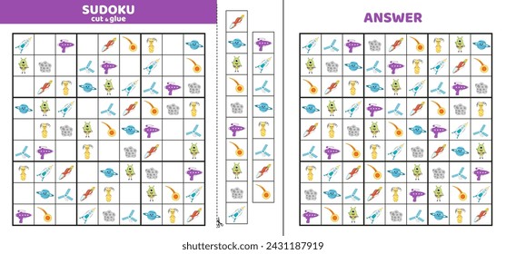 Hard sudoku with nine ufo elements. Game puzzle for little kids. Cut and glue. Cartoon, isolated, vector, eps 10