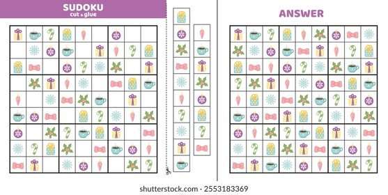 Hard sudoku with nine winter and Christmas elements. Game puzzle for kids. Cut and glue. Cartoon, isolated, vector, eps 10