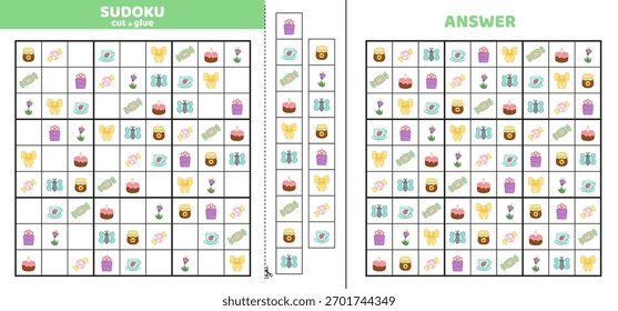 Sudoku duro com doces. Quebra-cabeça de jogo para crianças. Corte e cole. Desenho animado
