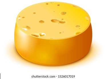 Hard Swiss Cheese isolated on white. Yellow big round cheese head. Vector cartoon illustration