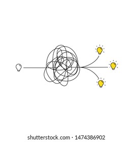 hard thinking process of multiple inspiration idea through a complicated way illustration. light switch with messy line symbol. tangled scribble line vector path doodle design.
