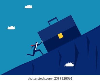 Hard training. Businessman pushes large business briefcase uphill
