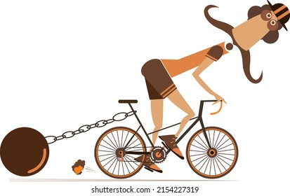 Hard training cyclist illustration. 
Cartoon long mustache man in helmet drags a heavy weight to be connected by the chain to his bike isolated on white background
