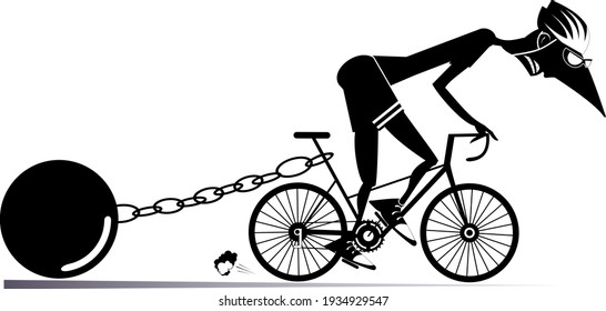 Hard training cyclist man illustration. 
Cyclist man drags a heavy weight to be connected by the chain to his bike black on white
