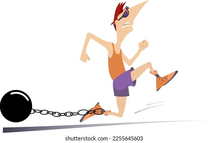 Hard training runner.
Cartoon running man with a heavy connected by the chain with his leg. Isolated on white background
