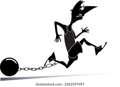 Hard training runner. 
Cartoon running man with a heavy connected by the chain with his leg. Black on white background
