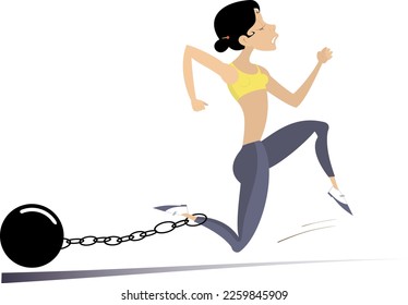 Hard training runner woman. 
Cartoon running woman with a heavy connected by the chain with his leg. Isolated on white background
