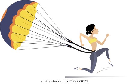 Hard training runner woman. 
Cartoon running woman drags a parachute. Isolated on white background
