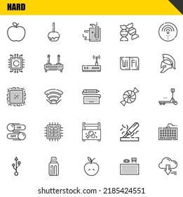 conjunto de iconos de línea de vector duro. Iconos de manzana, usb y cpu. Diseño delgado de línea. Elementos gráficos de contorno modernos, símbolos de trazo simple ilustración de fondo