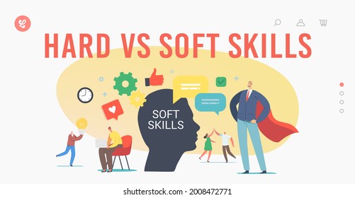 Hard VS Soft Skills Landing Page Template. Tiny Characters at Huge Human Head. Office Workers Empathy, Communication, Idea Development and Education at Work. Cartoon People Vector Illustration