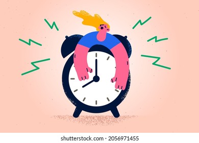 Hard waking up and stress concept. Young stressed sleepy woman embracing huge alarm clock trying to stop time vector illustration