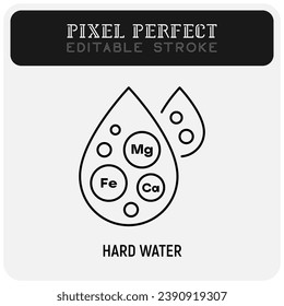 Hard water thin line icon. Water drop with minerals. Editable stroke. Vector illustration.