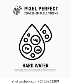 Hard water thin line icon. Water drop with minerals. Editable stroke. Vector illustration.