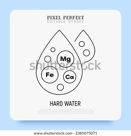 Hard water thin line icon. Water drop with minerals. Editable stroke. Vector illustration.
